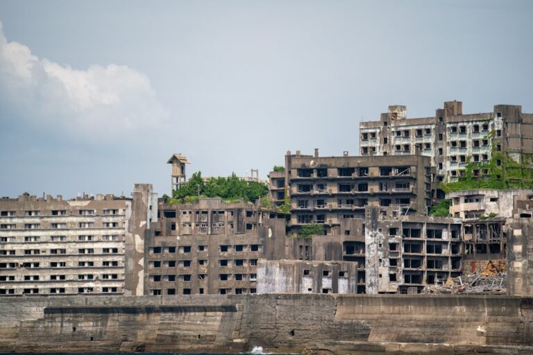 ：gunkanjima battleship island seen from the sea off nagasaki