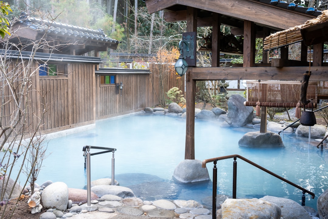 :outdoor rotenburo bath at one of the seven public bathhouses in kinosaki