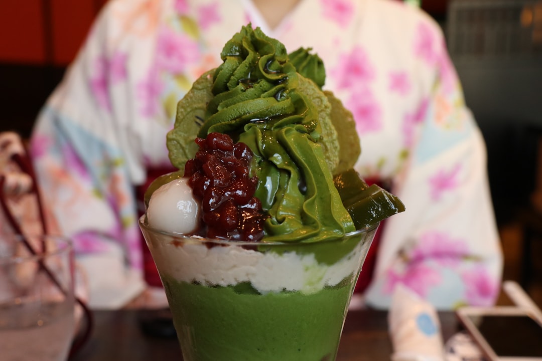 :matcha parfait with soft serve mochi and red bean in kyoto