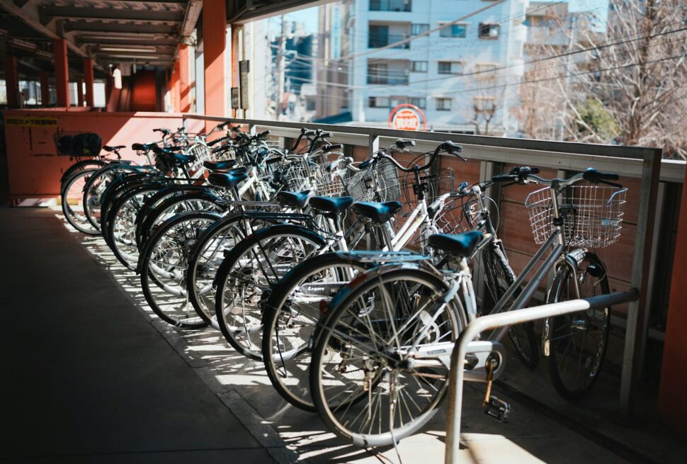 Bikes are parked neatly in a row