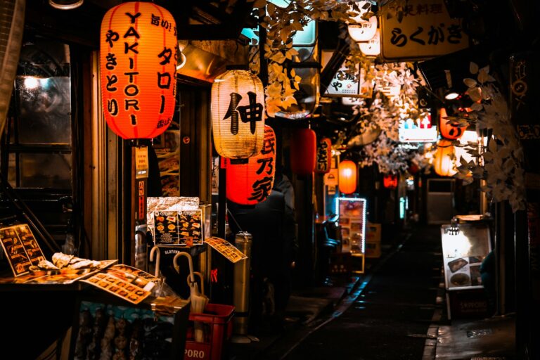 Red paper lanterns hanging in a narrow alleyway in Shinjuku City, Tokyo