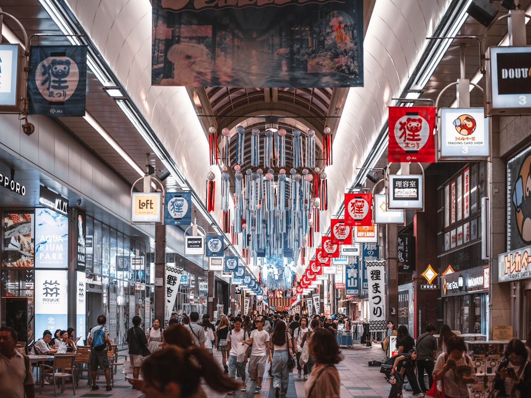 :covered shopping arcade in japan on a rainy day