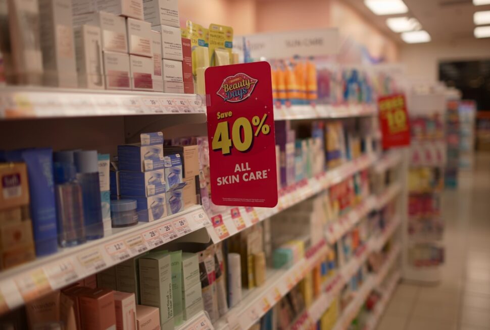 ：cosmetics aisle in a japanese drugstore