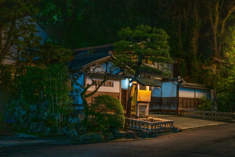 Traditional japanese house illuminated at night