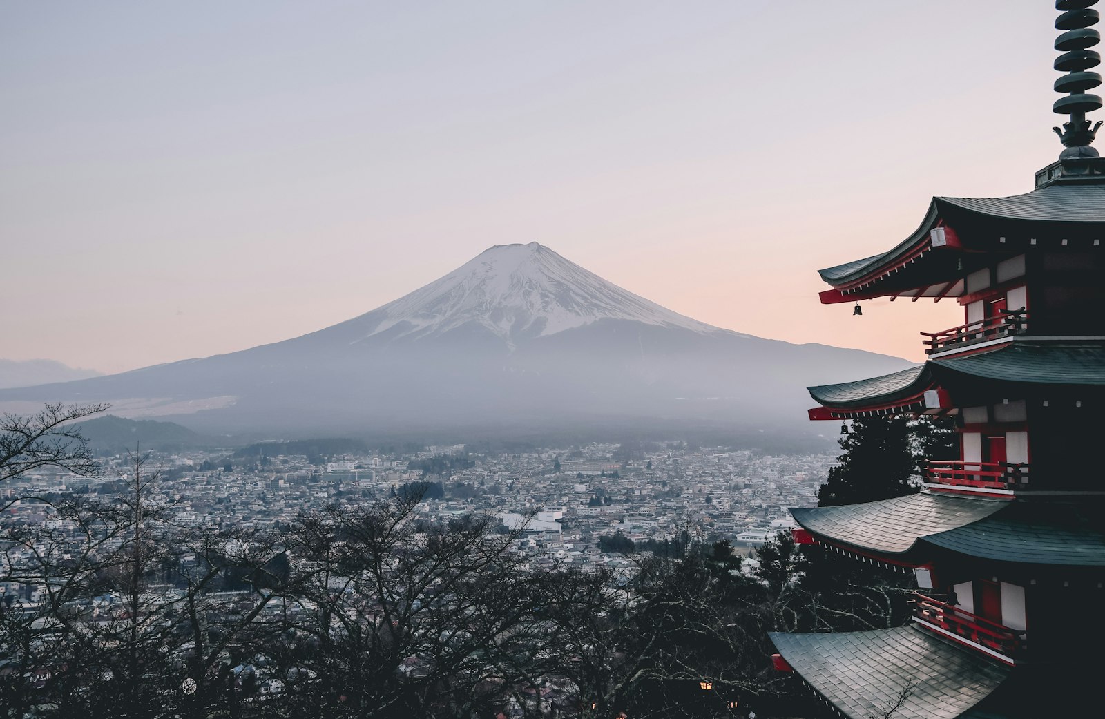 The Chureito Pagoda overlooking the city of Fujiyoshida and Mount Fuji in Japan