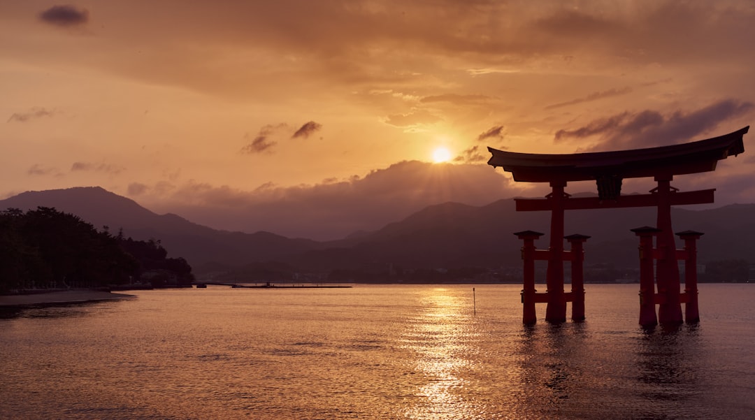 ：shirahige shrine torii gate in lake biwa at sunrise