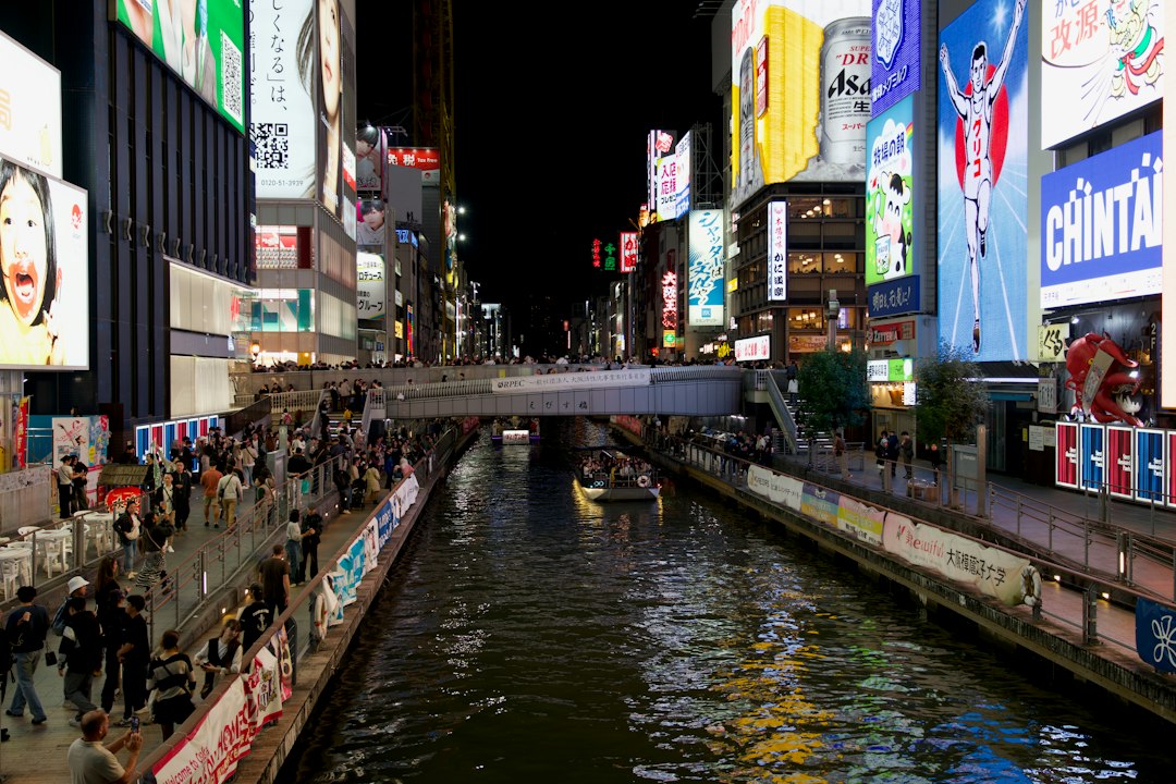 :ebisubashi bridge and dotonbori canal at the south end of shinsaibashi-suji