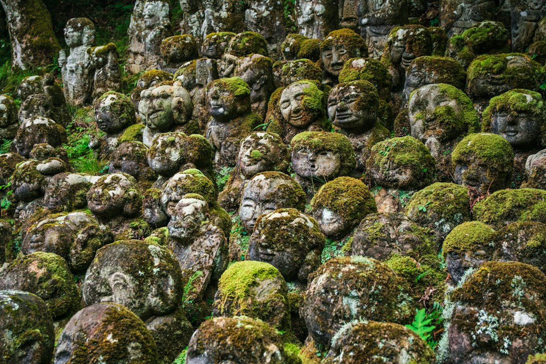 :moss covered rakan statues at otagi nenbutsu-ji temple in kyoto