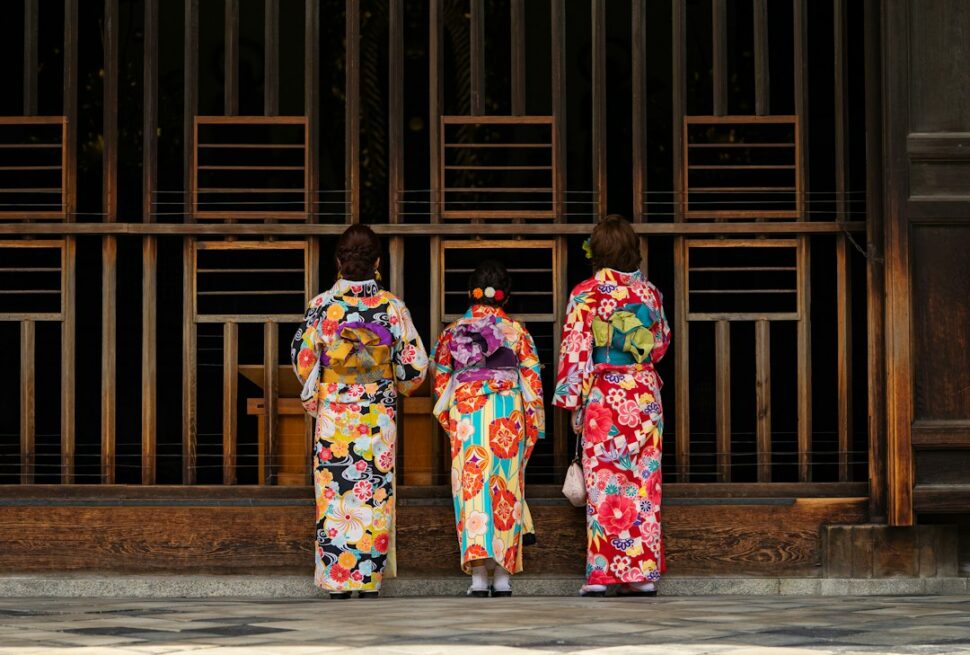 ：young women in furisode kimono on coming of age day in japan