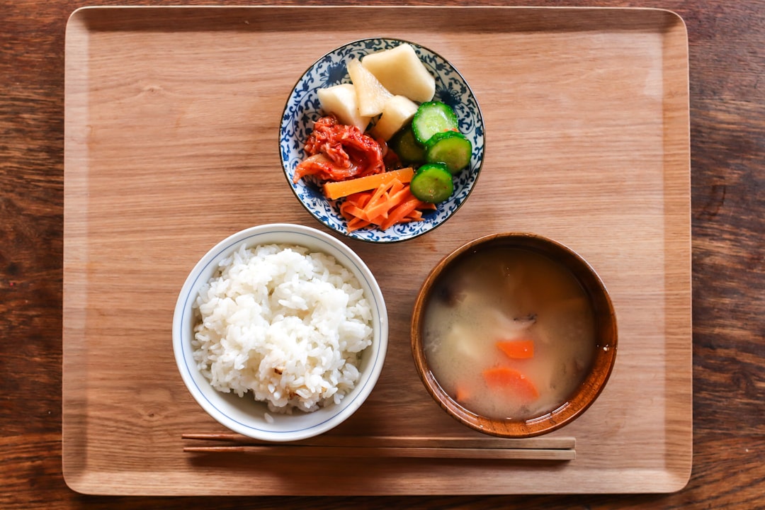 :japanese breakfast tray with miso soup rice and grilled fish