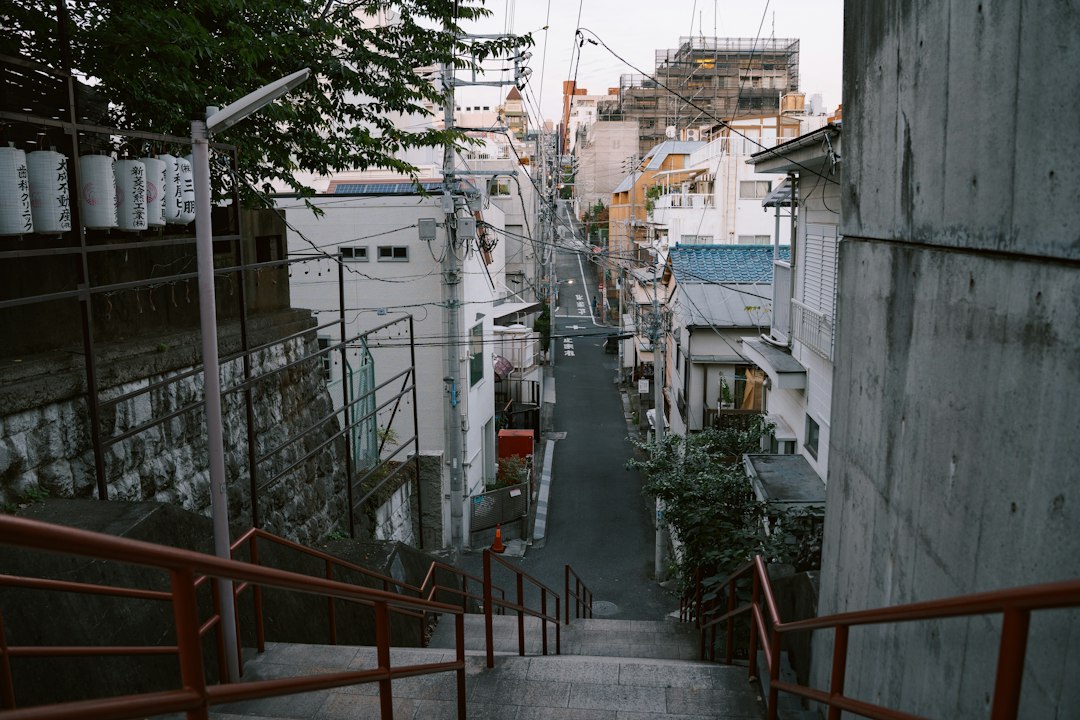 ：yuyake dandan steps looking down over yanaka ginza at sunset